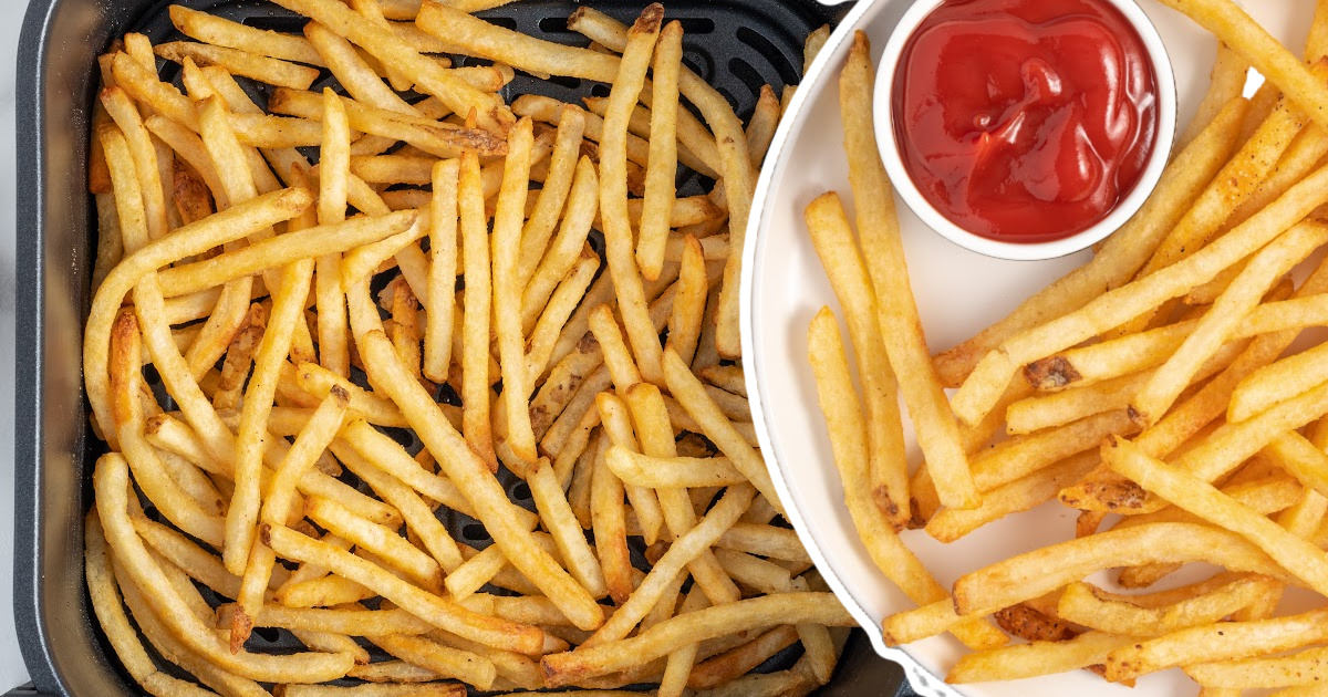 Air Fryer Frozen French Fries on a plate and in an air fryer