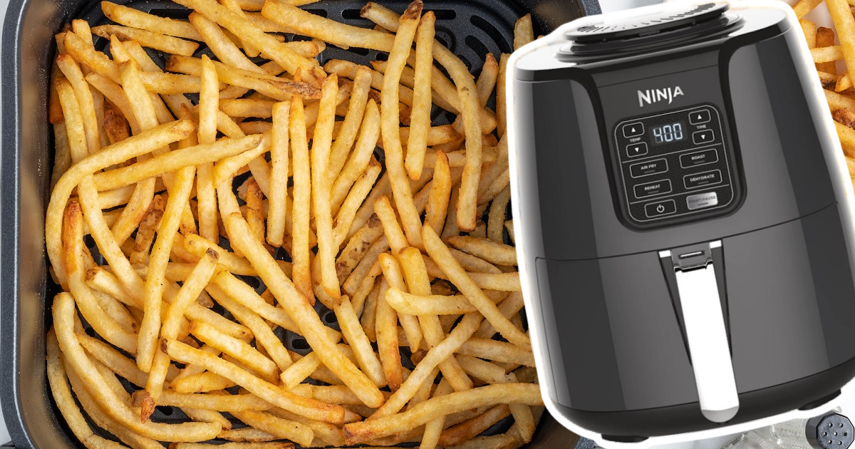 Air Fryer Frozen French Fries in a air fryer and an air fryer on the side