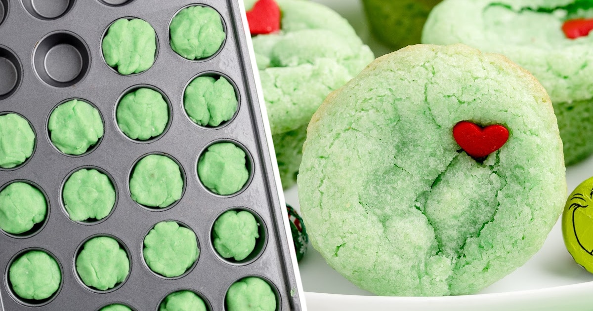 Grinch Cookies in a cupcake pan and one a plate with a bunch others at the back