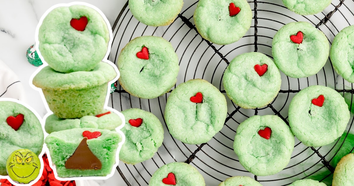 Grinch Cookies on a rack and others stack together