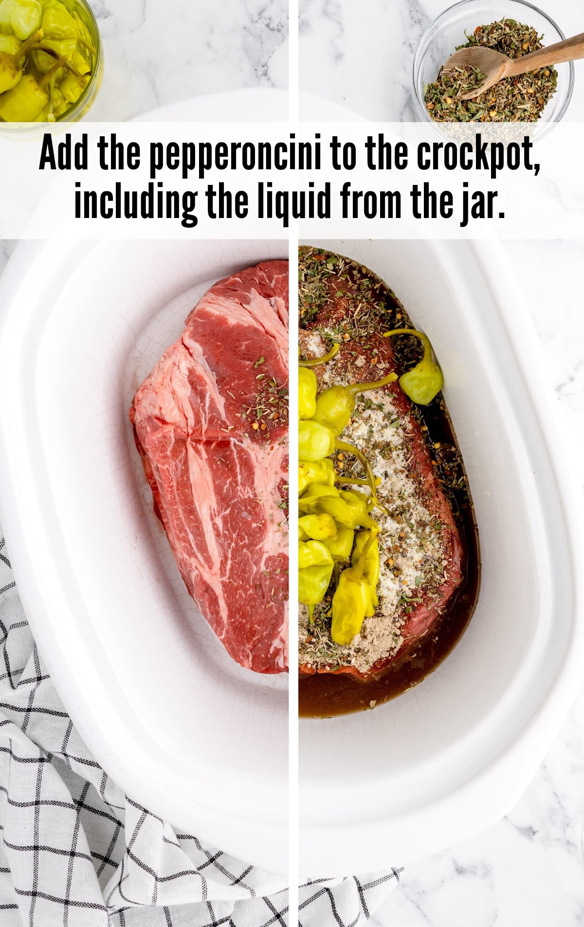 adding pepperoncini to the crockpot