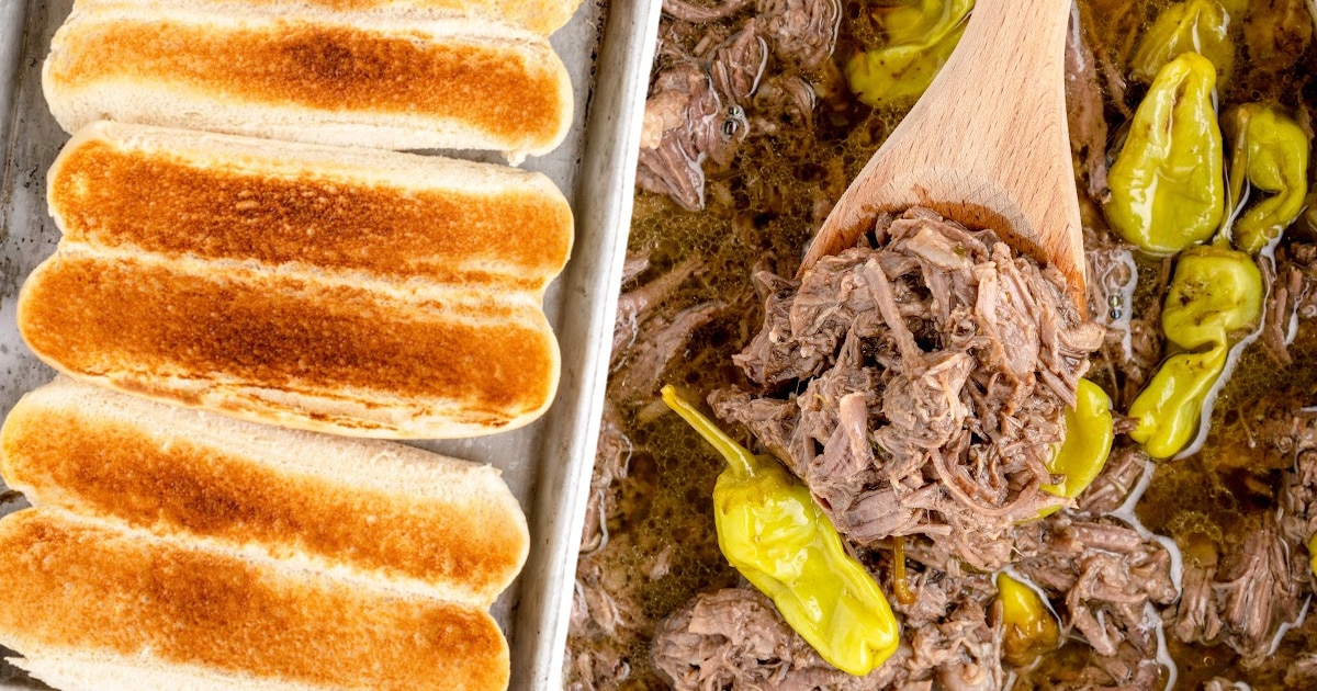 sandwiches on a baking dish and beef with a wooden spoon in it on the side