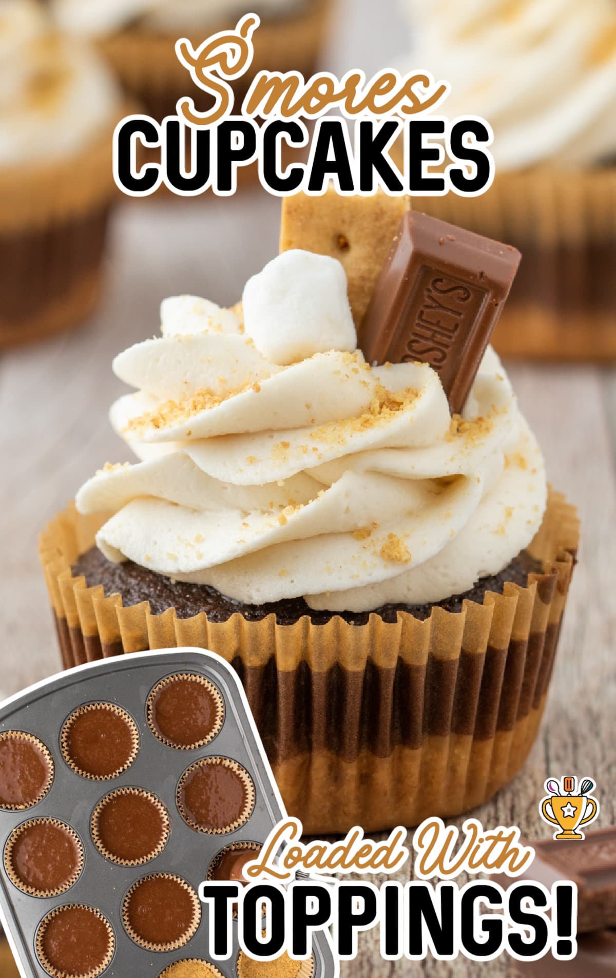 A S'mores Cupcake on a wooden surface