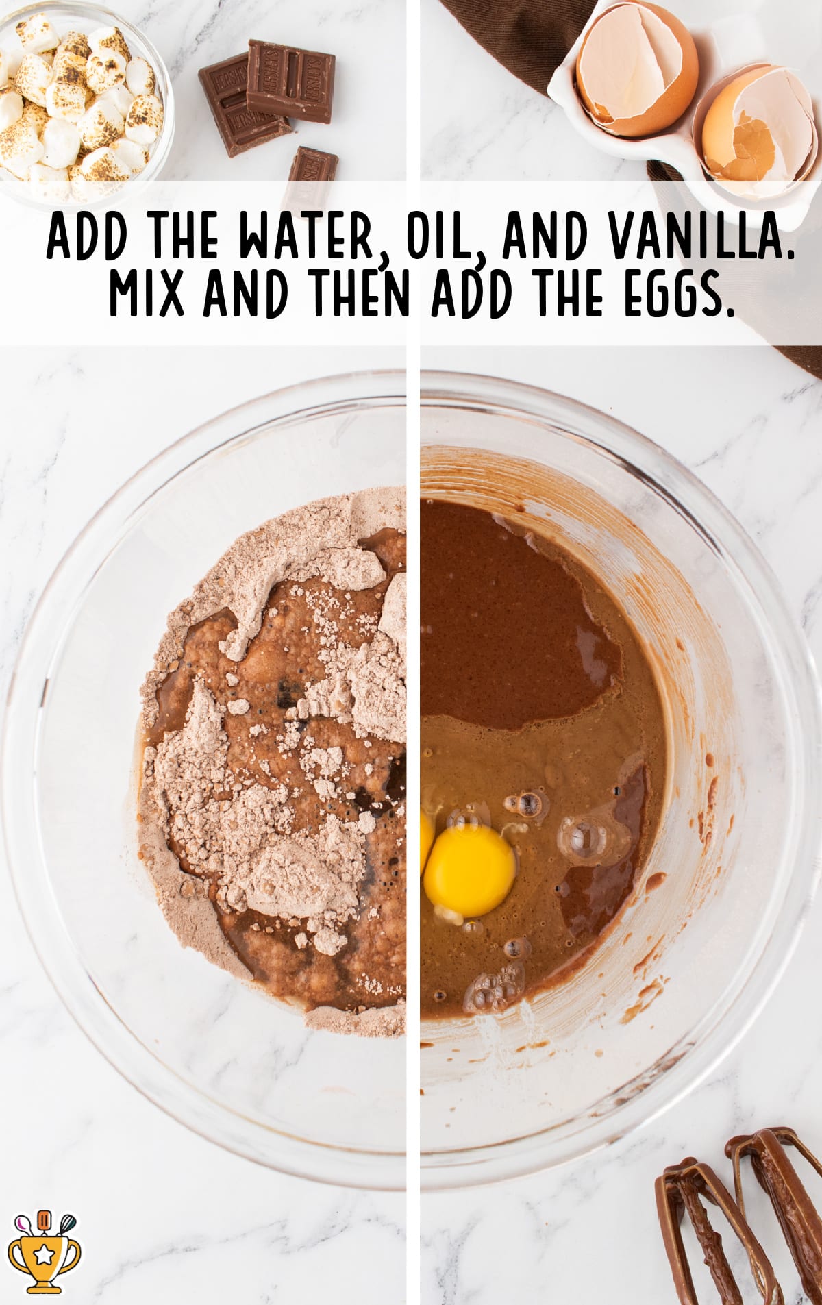 water, oil and vanilla added in a bowl, with eggs