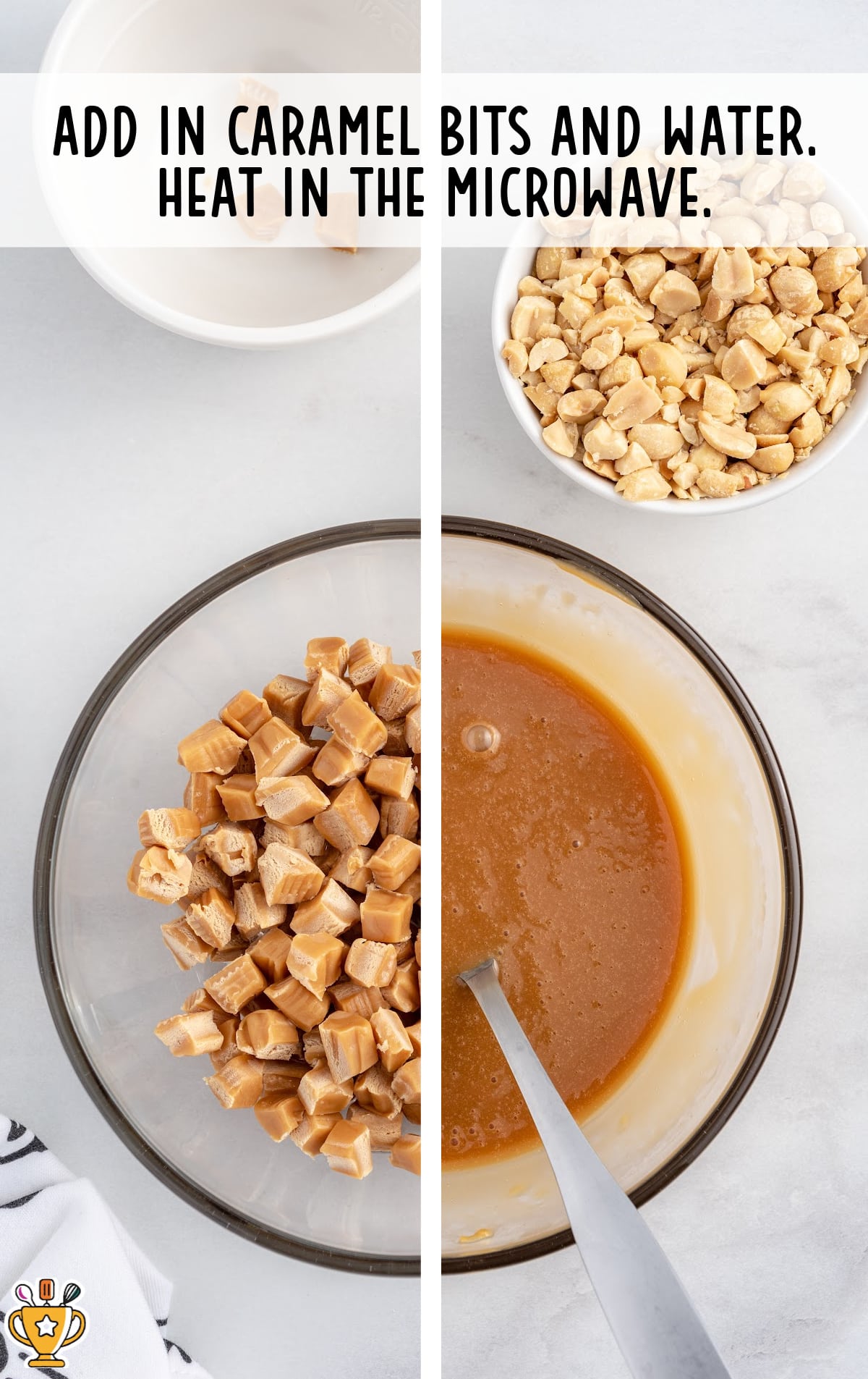 caramel bits and water added in a bowl