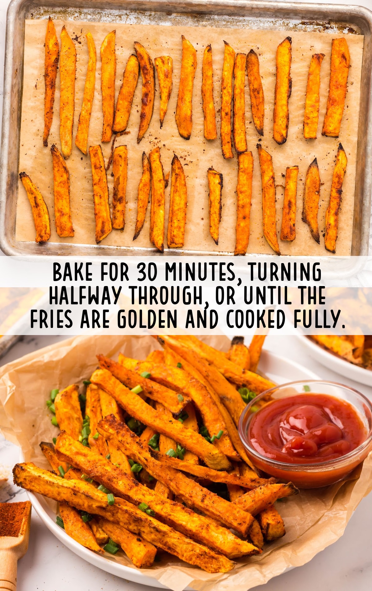 baked Sweet Potato Fries on a baking pan and on a plate with a sauce in a bowl