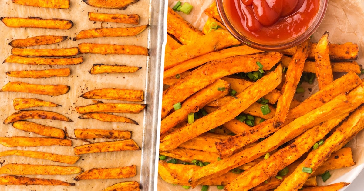 Sweet Potato Fries on a baking pan and on a plate