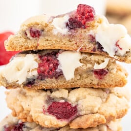 White Chocolate Raspberry Cookies stacked.