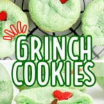 Grinch Cookies on a rack and one cut into half