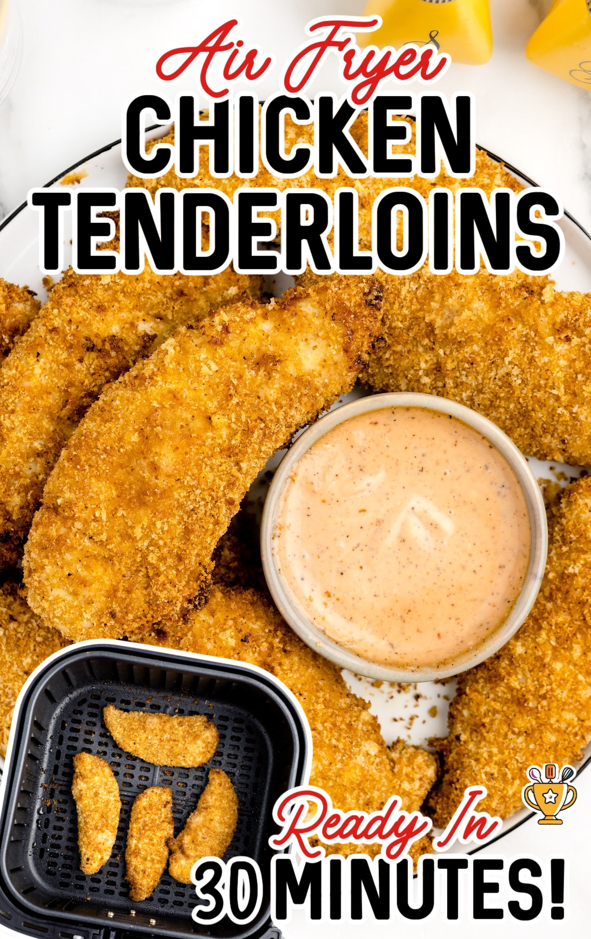 Air Fryer Chicken Tenderloins on a plate and in an air fryer