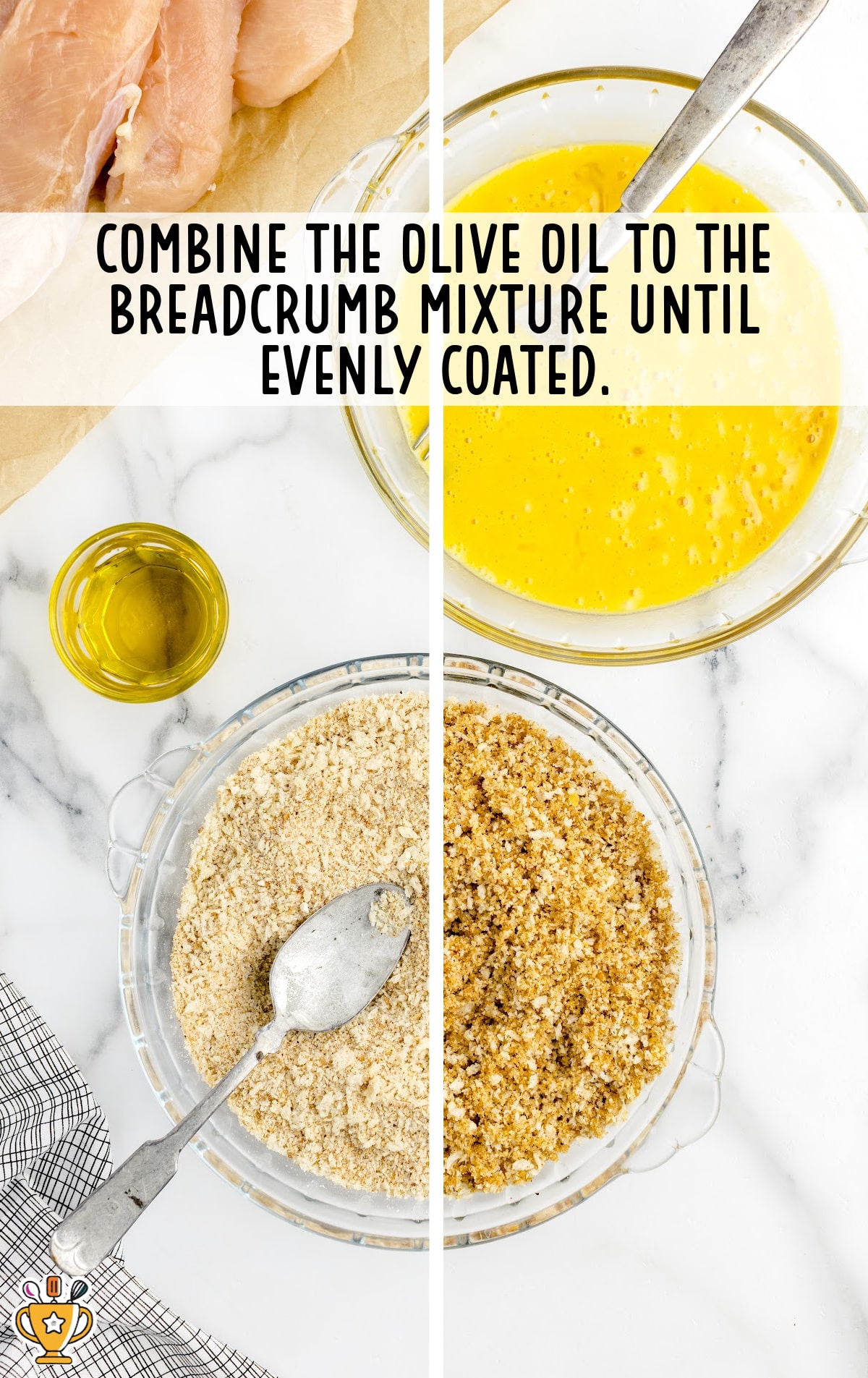 combining olive oil to the breadcrumb mixture in a bowl