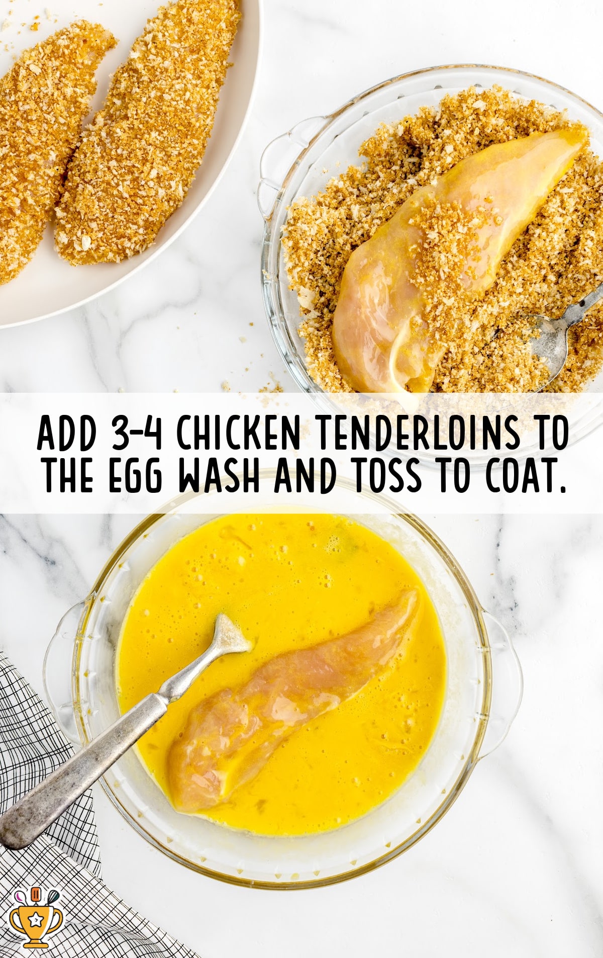chicken tenderloins added to egg wash and tossed to coat