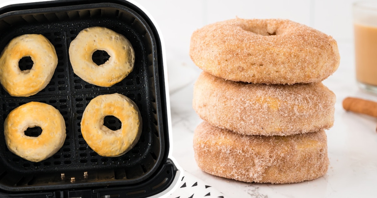a stack of three Air Fryer Donuts and others in an Air fryer