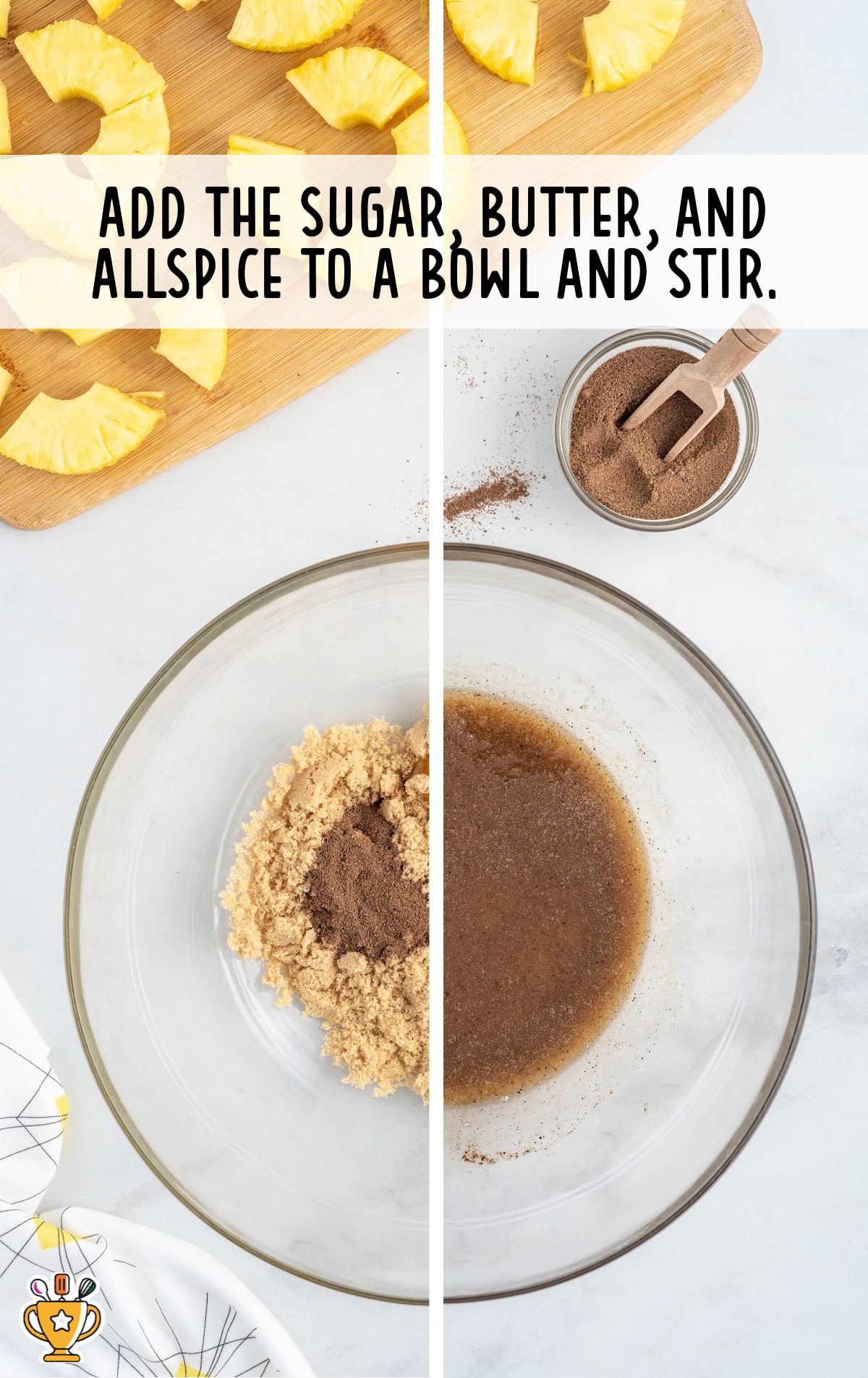 sugar, butter and other spices added to a bowl