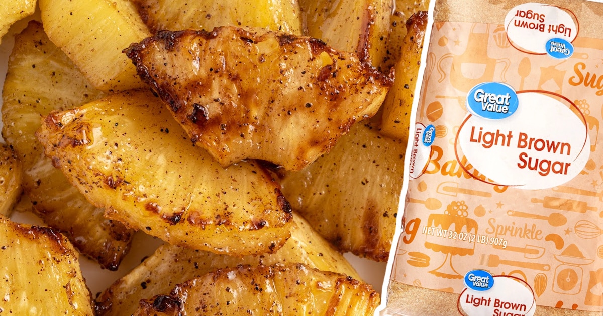 a close up photo of Air Fryer Pineapple and light brown sugar on the side