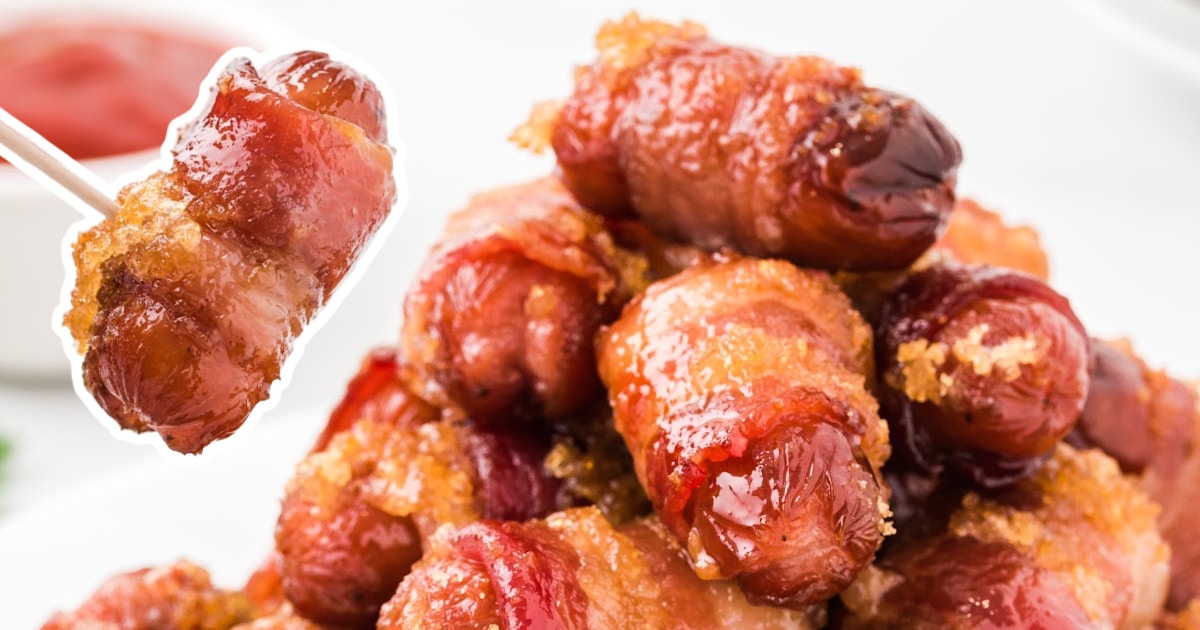 a bunch of Bacon Wrapped Smokies with a stick holding one smokie