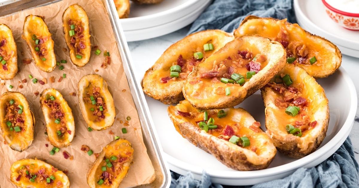 Baked Potato Skins on a plate and on a baking tin