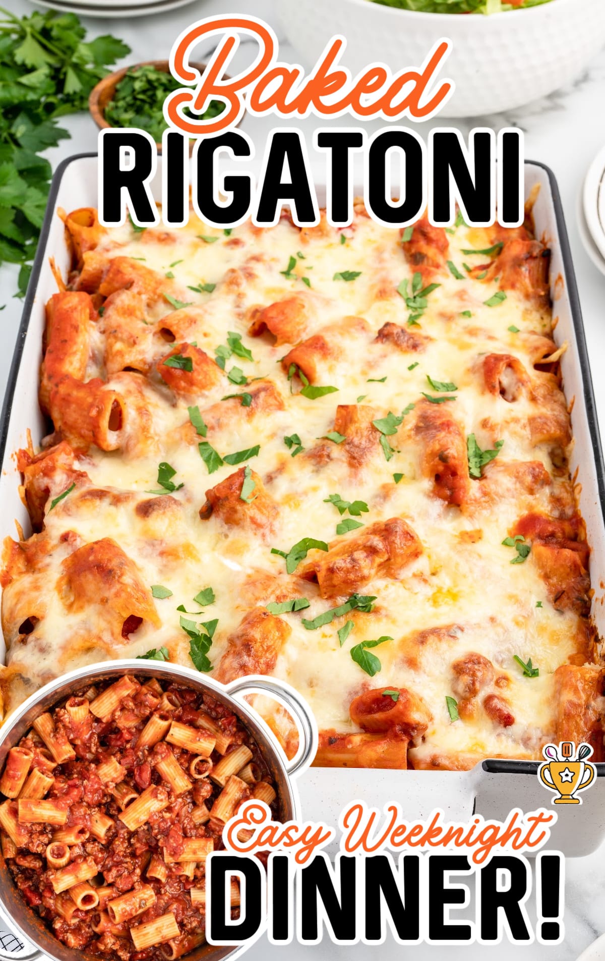 Baked Rigatoni in a pan and in a baking dish