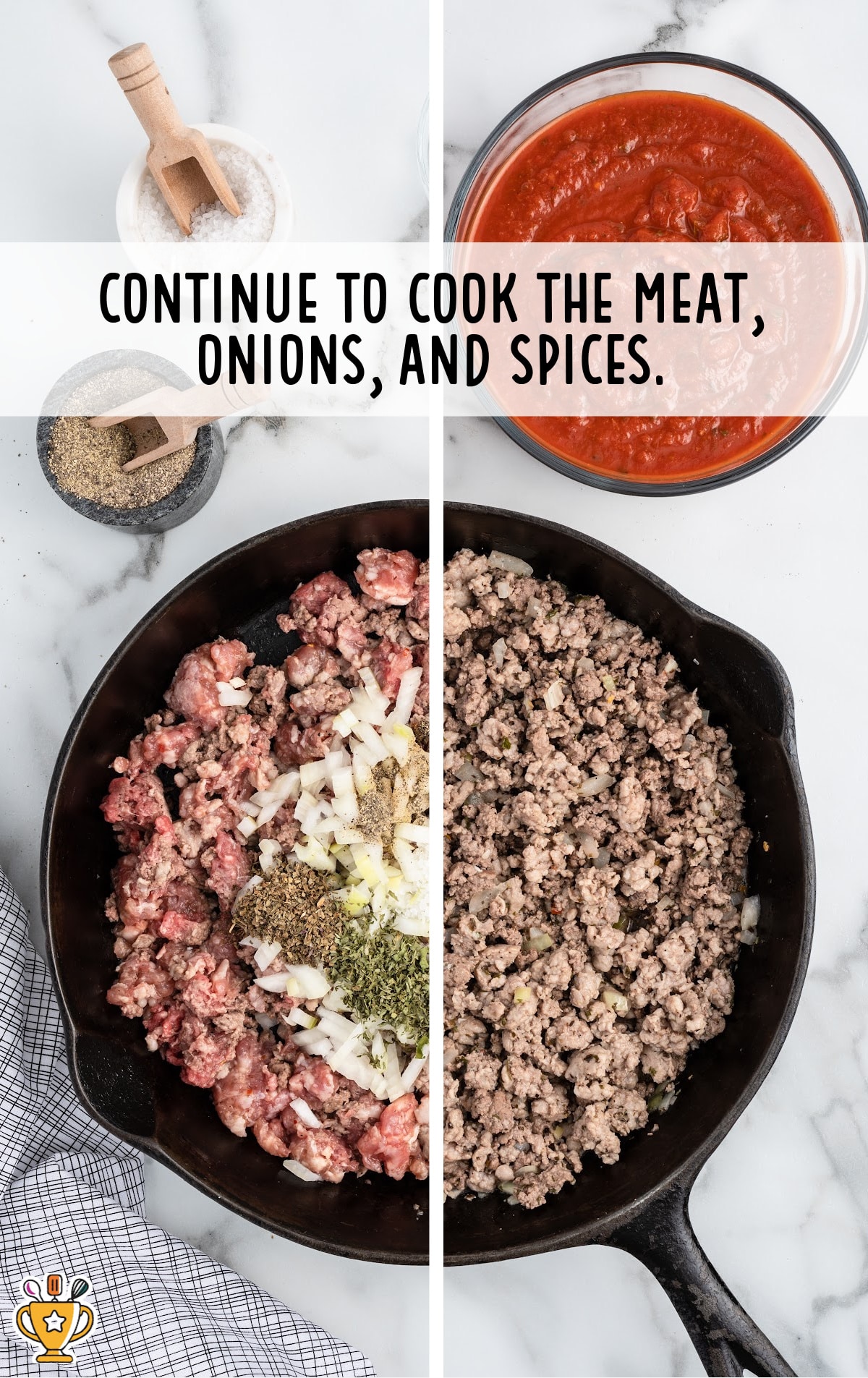 meat, onions and spices in a skillet