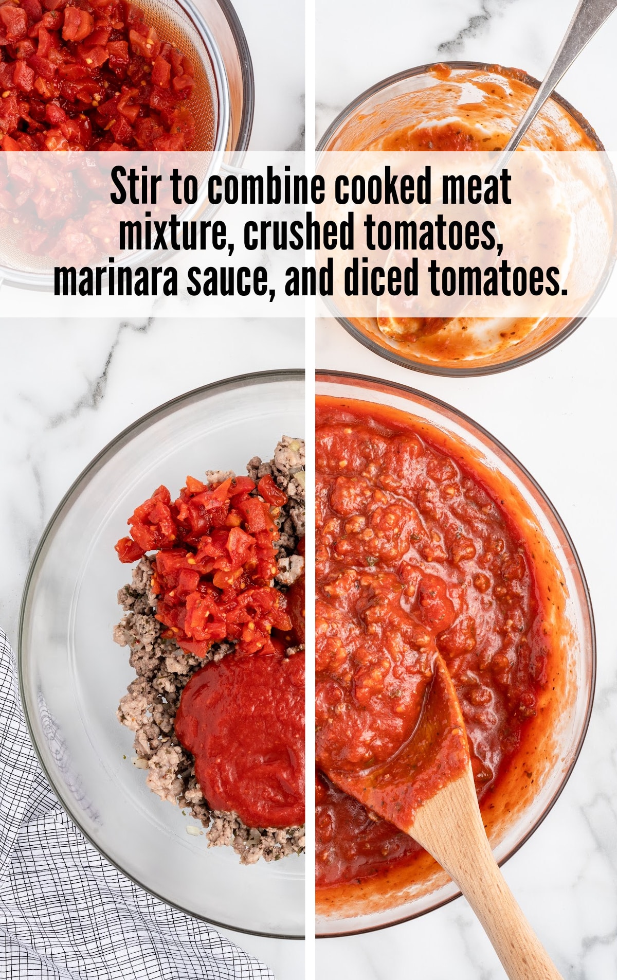 stirring to combine cooked meat mixture, crushed tomatoes, marinara sauce and diced tomatoes in a bowl