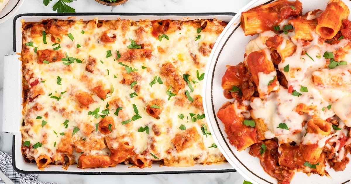Baked Rigatoni in a baking dish and on a plate