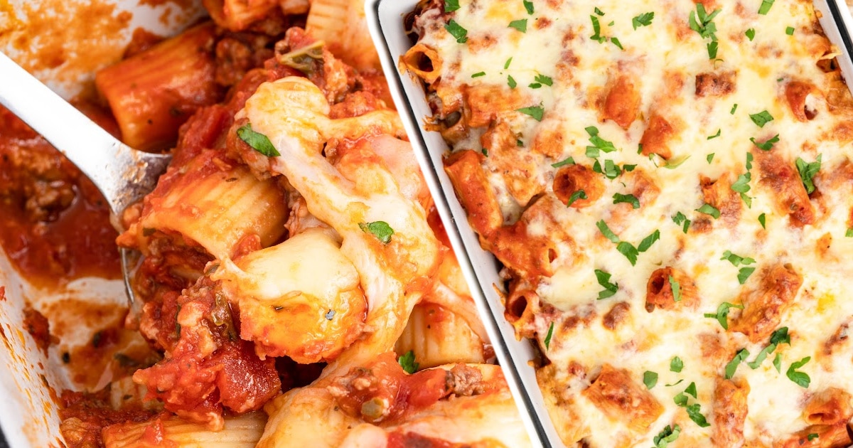 Baked Rigatoni in a baking dish