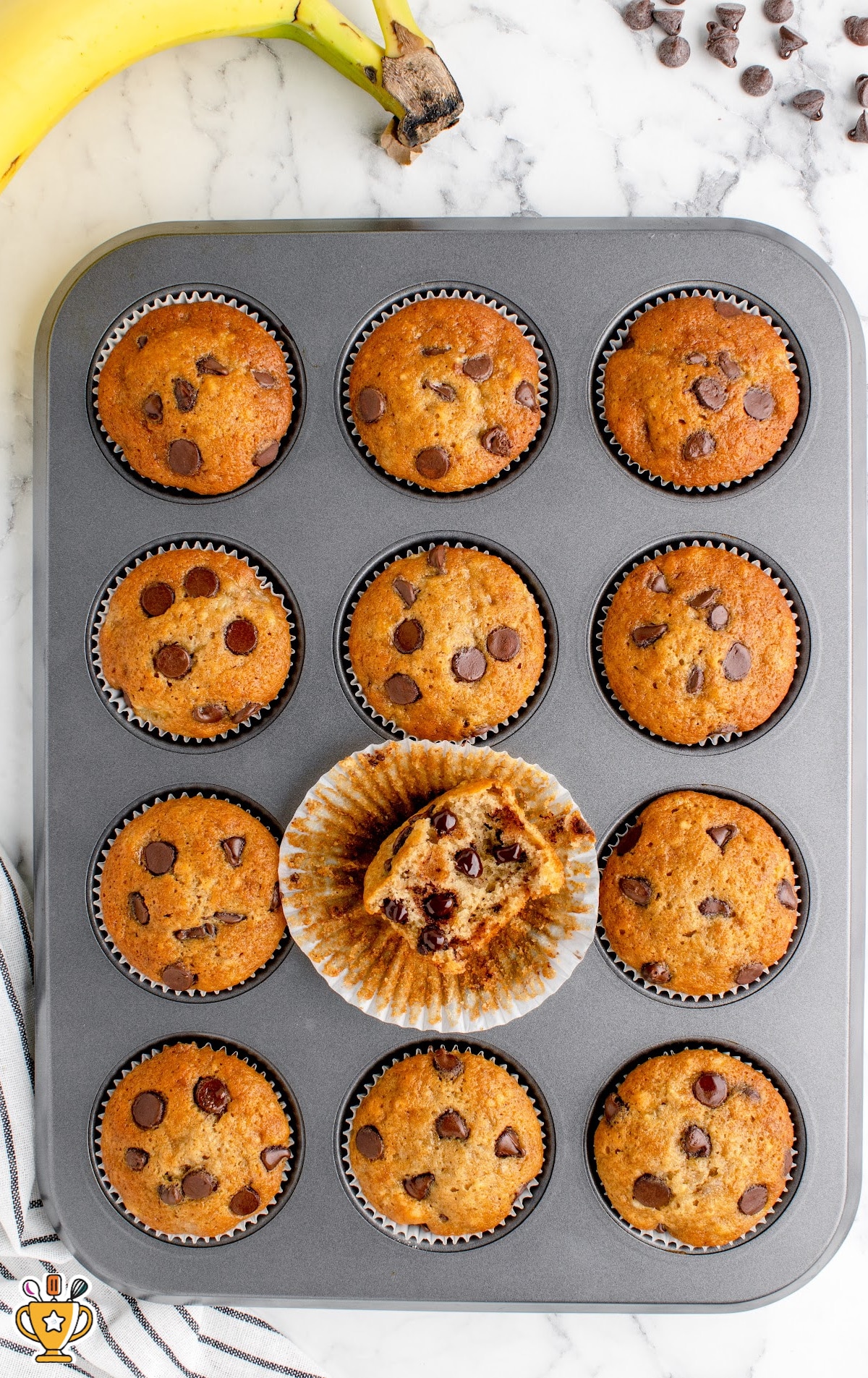 Banana Chocolate Chip Muffins in a muffin pan