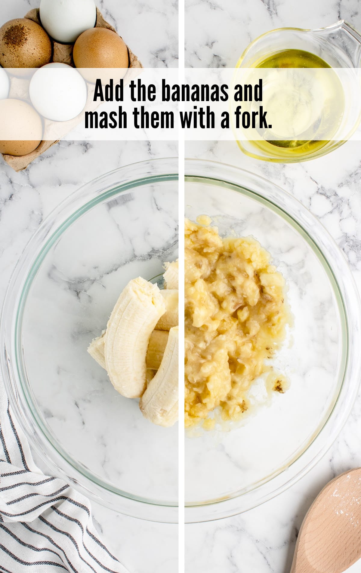 bananas added in a clear bowl and mashed with a fork