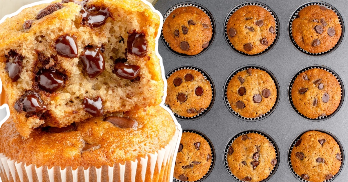 Banana Chocolate Chip Muffins in a muffin pan