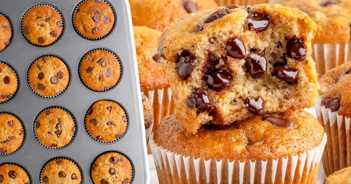 a close up photo of Banana Chocolate Chip Muffin and some Banana Chocolate Chip Muffins in a muffin pan