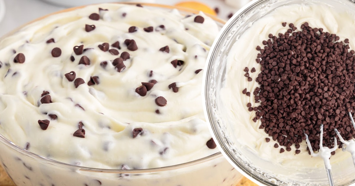 a bowl of Booty Dip Recipe and mini chocolate chips mixed in a bowl of cream cheese