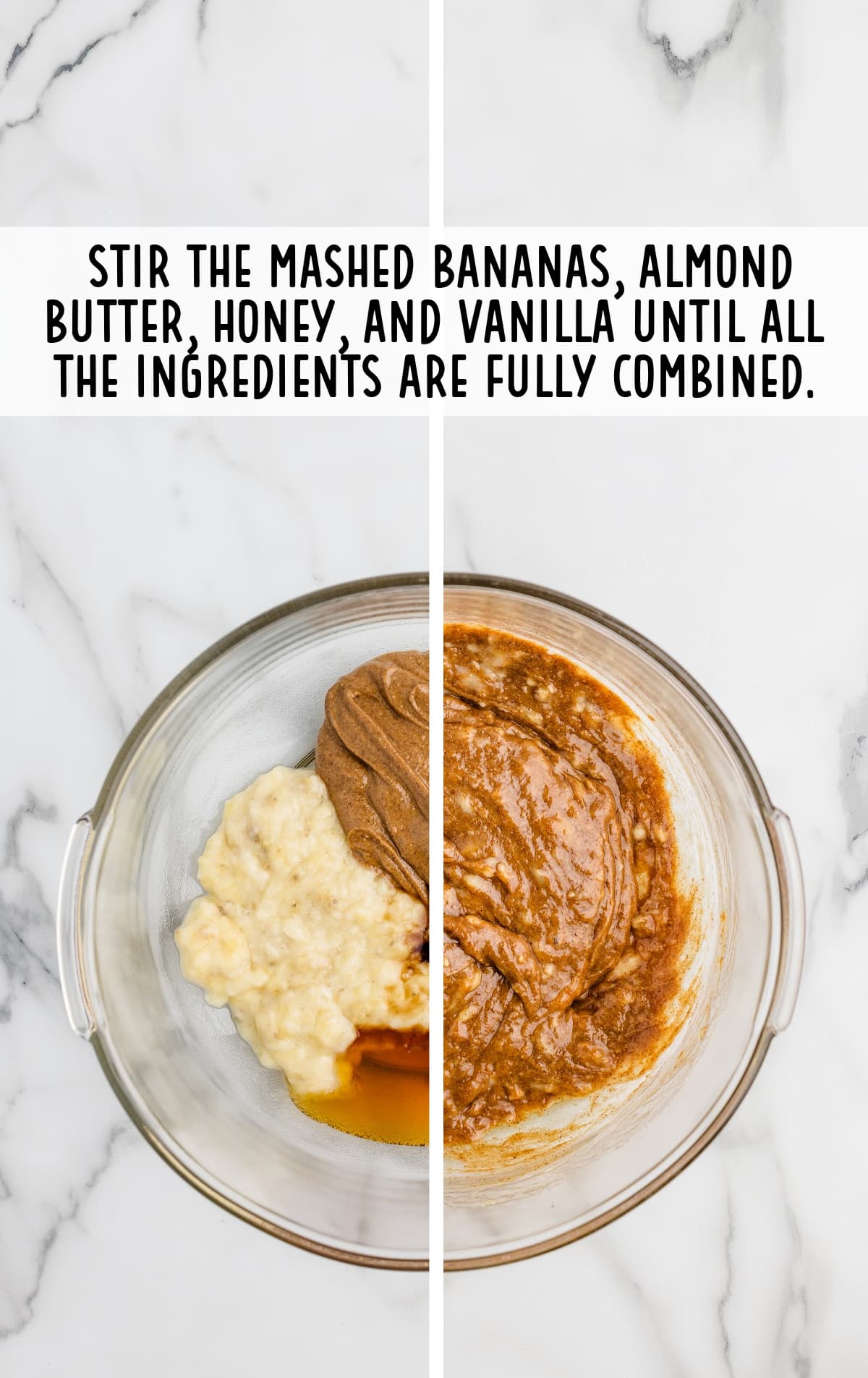 mashed bananas, almond butter, honey and vanilla stirred together in a bowl