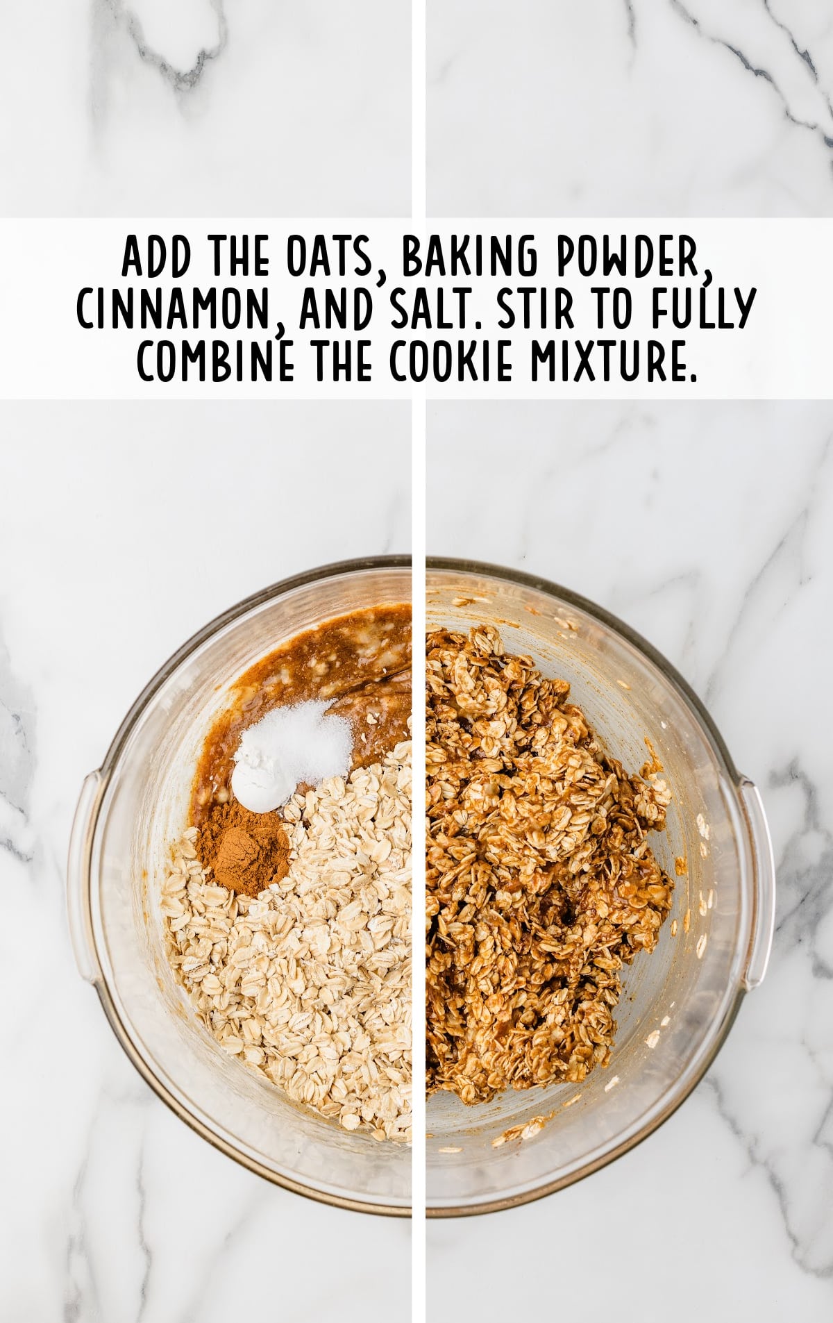 oats, baking powder, cinnamon and salt added in a bowl