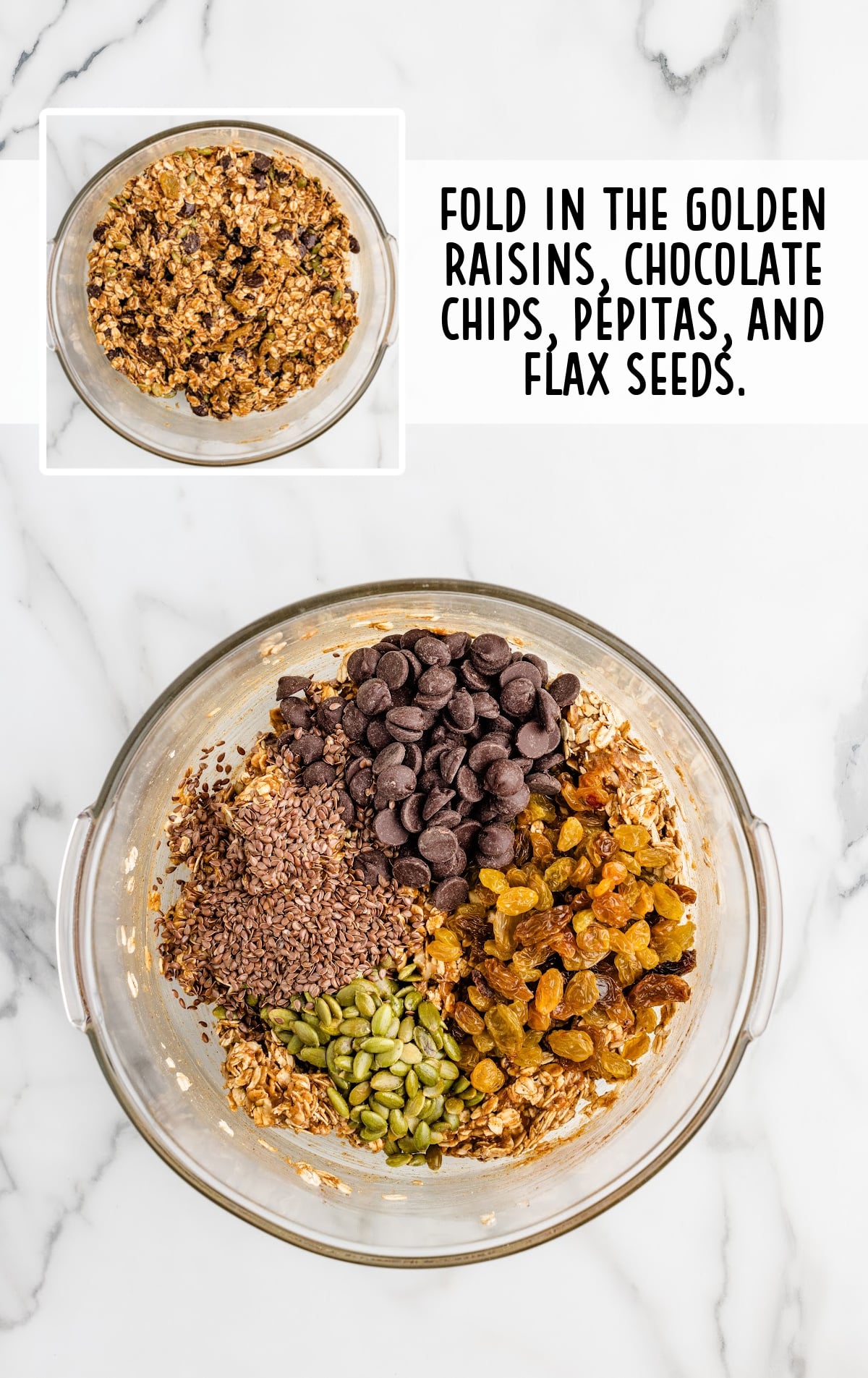 golden raisins, chocolate chips, pepitas and flax seeds added in a bowl