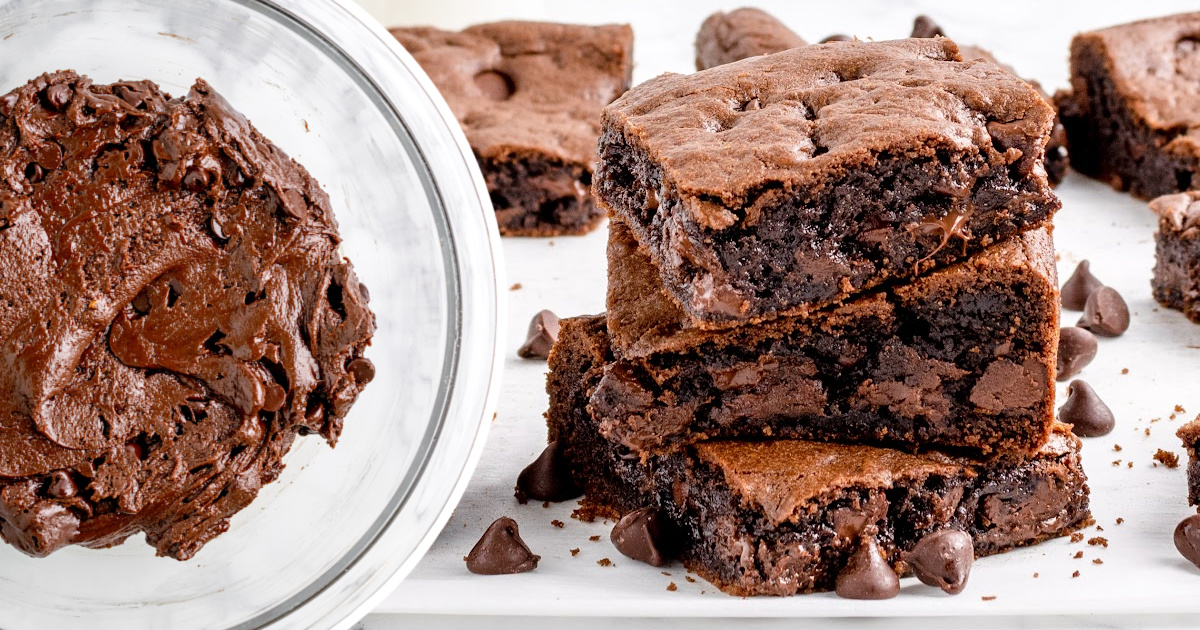 three pieces of Cake Mix Brownies stacked together