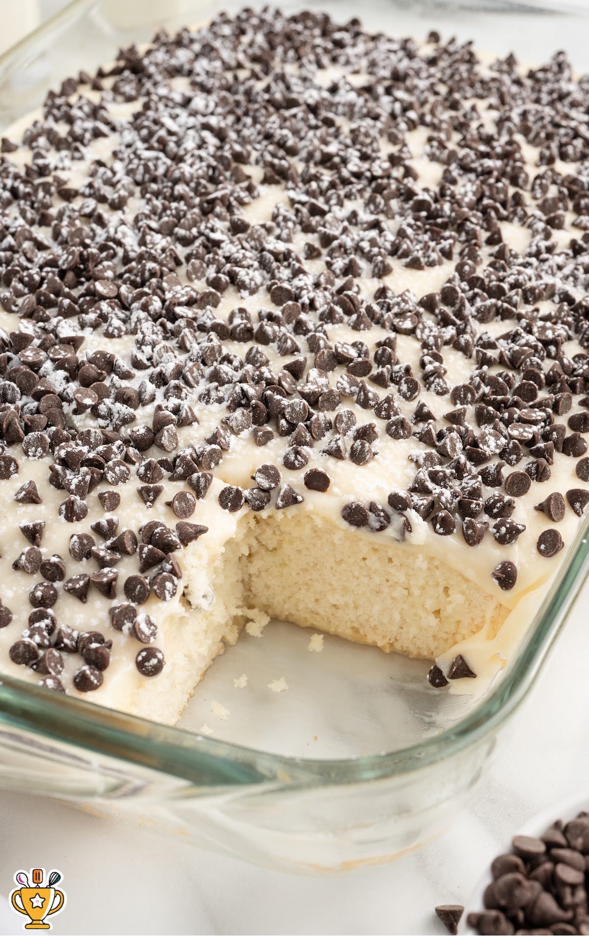 Cannoli Poke Cake in a baking dish