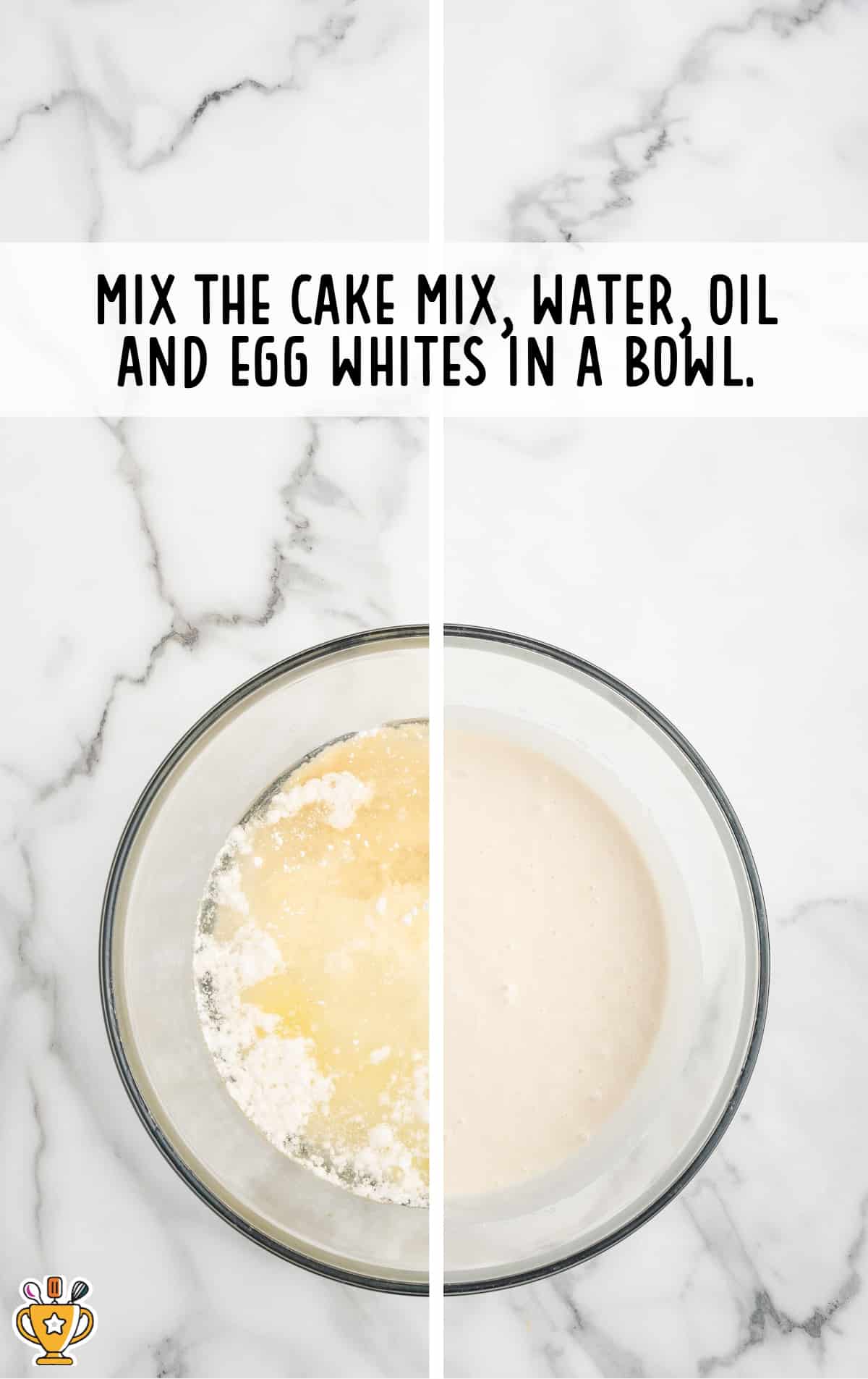 cake mix, water, oil and egg whites mixed in a bowl
