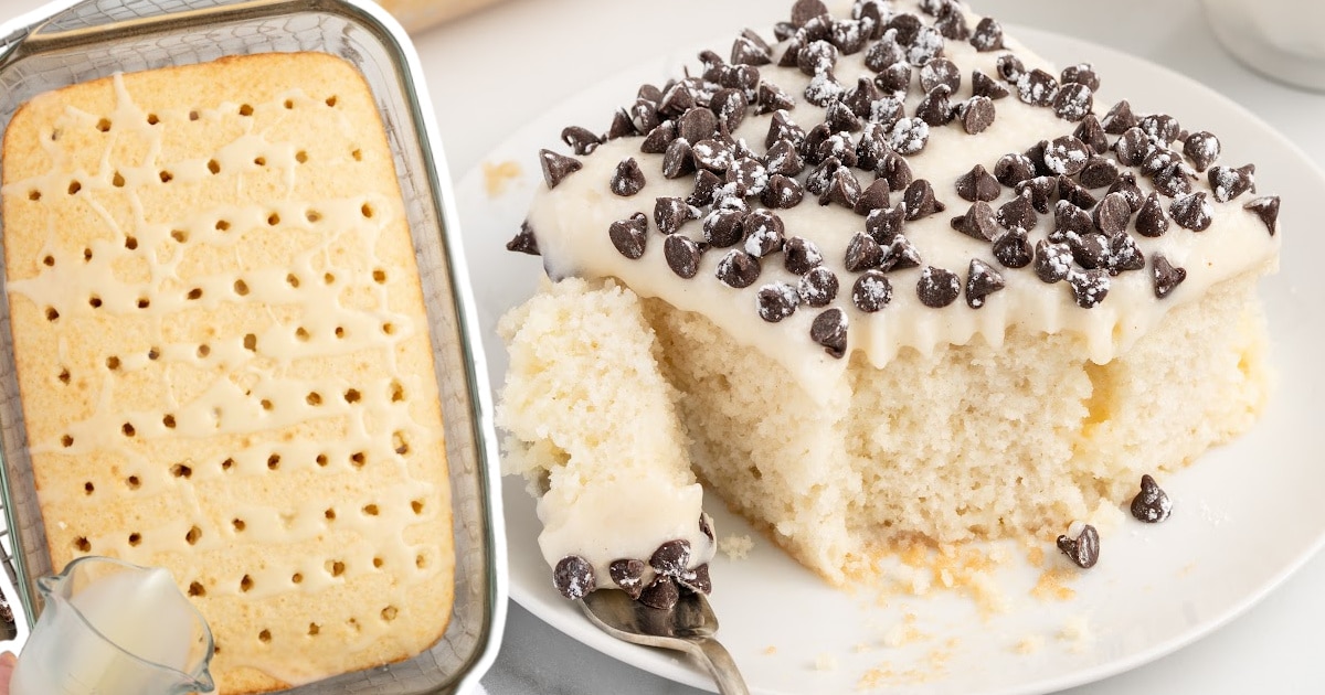 Cannoli Poke Cake on a plate