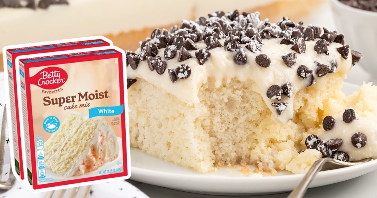 a piece of Cannoli Poke Cake on a plate