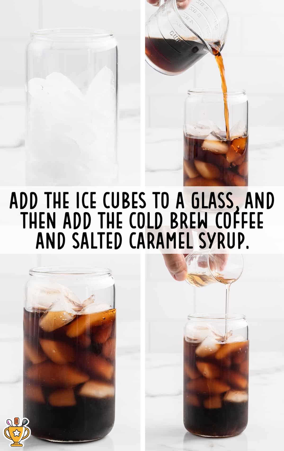 ice cubes and cold brew coffee and caramel added to a glass