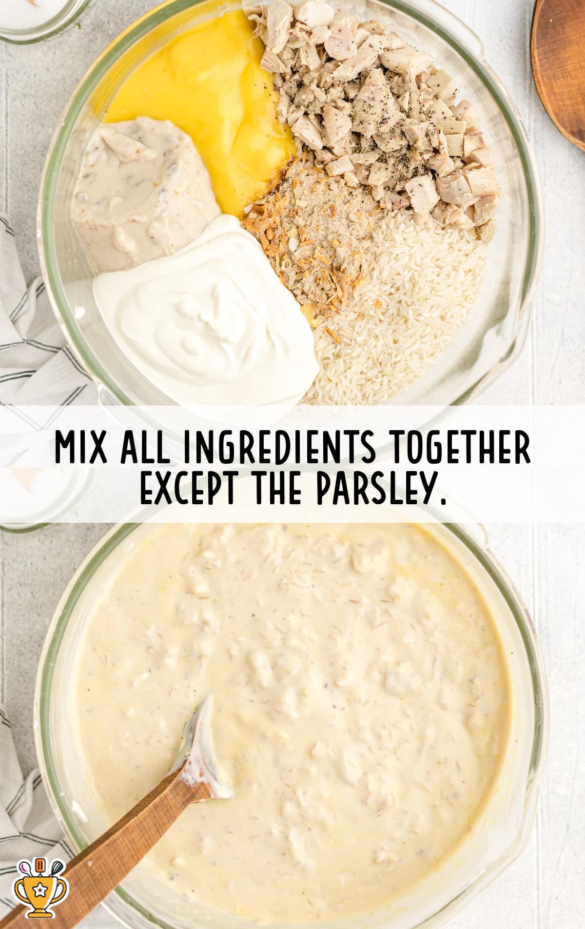 all ingredients of Chicken and Rice Casserole mixed together in a bowl except parsley