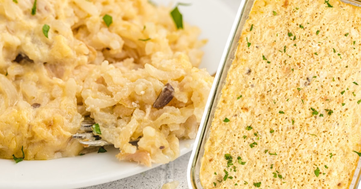 Chicken and Rice Casserole on a plate and in a baking dish