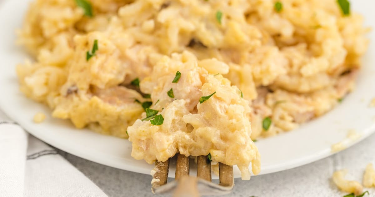 Chicken and Rice Casserole on a plate with a fork lifting some Chicken and Rice Casserole