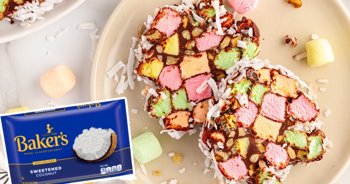 Two Church window cookies on a white plate and a bag of shredded coconut.