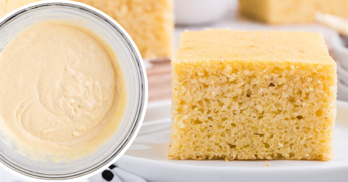 a piece of Cornbread on a plate and Cornbread mixture in a bowl