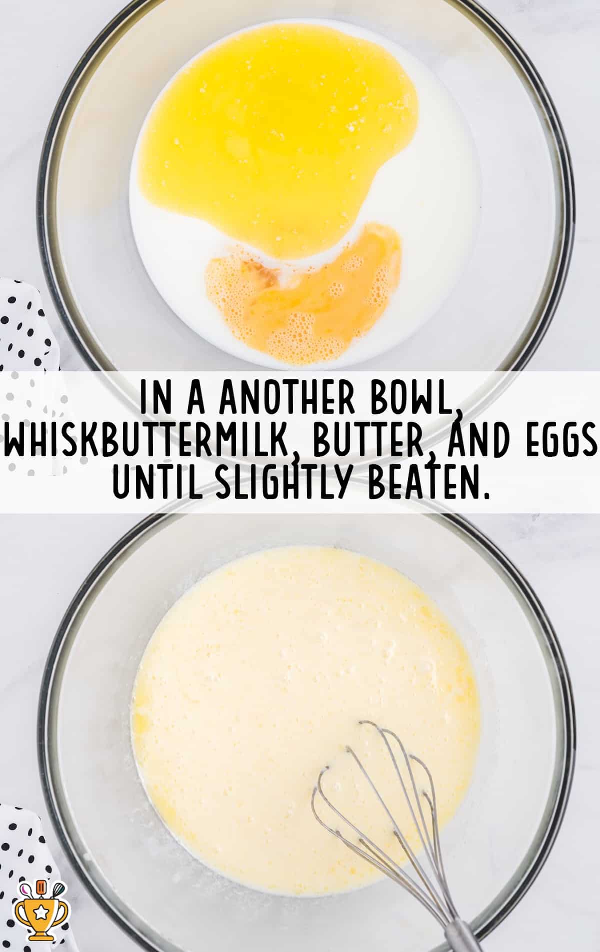 buttermilk, butter and eggs mixed in a bowl