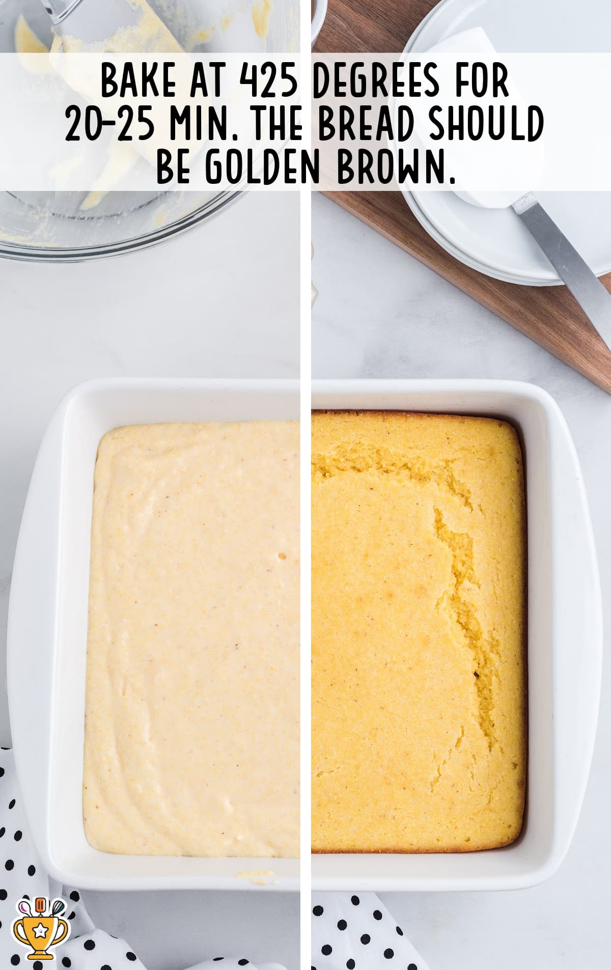 Cornbread mixture in a baking dish and a baked Cornbread in a baking dish