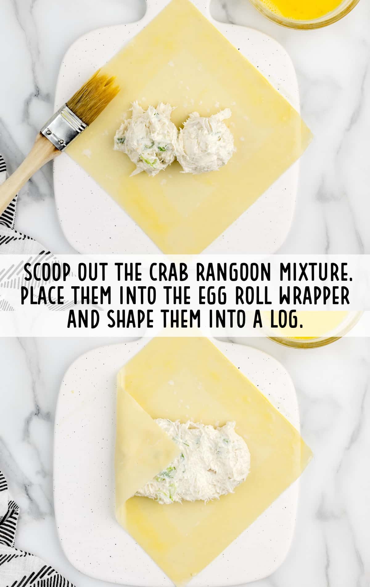 scoops of crab rangoon mixture placed into the egg roll wrapper and shaped into a log