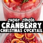 Overhead bowl of cranberry Christmas cocktail with ice, blood orange slices, and cranberries, highlighting a bright red holiday drink perfect for Christmas entertaining.