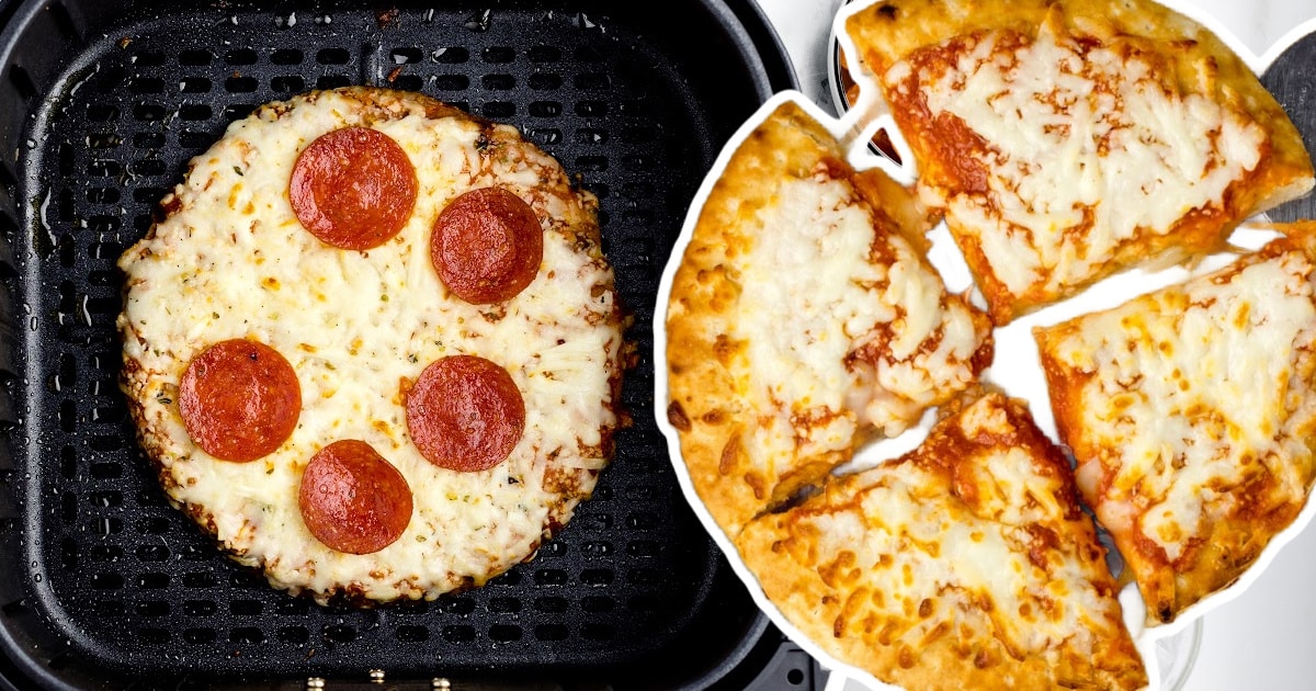 Frozen Pizza in Air Fryer and four pieces of Frozen Pizza in Air Fryer on the side